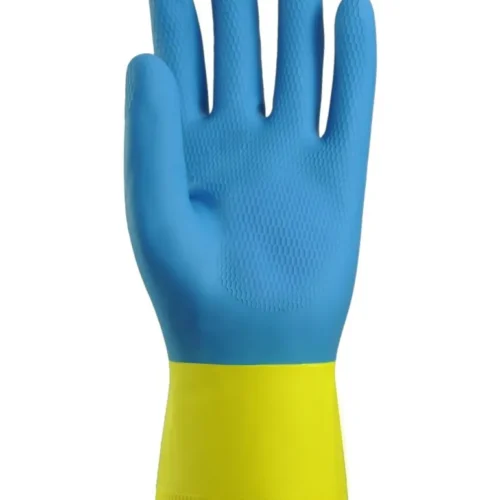 Gant de  menage latex floce bicolore  bleu/jaune (sachet 10)